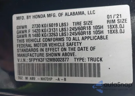 2021 Honda Ridgeline Awd Sport from USA, damaged, VIN 5FPYK3F12MB002877